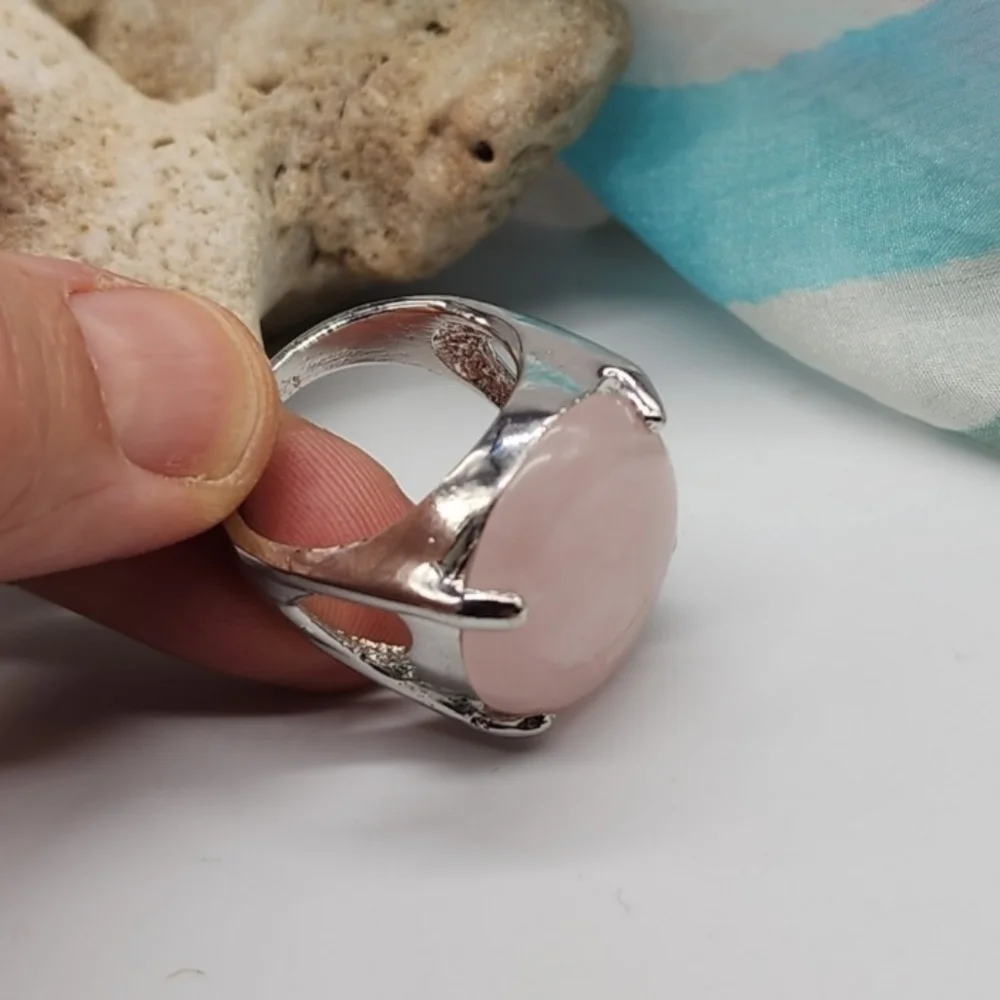 Nature Rose Quartz Silver Ring Healing Genuine Love Protective Crystal